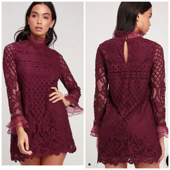 Lulu's Women's Burgundy Lace Long Sleeve Dress Lined Keyhole Back Size Large NWT - Picture 2 of 12